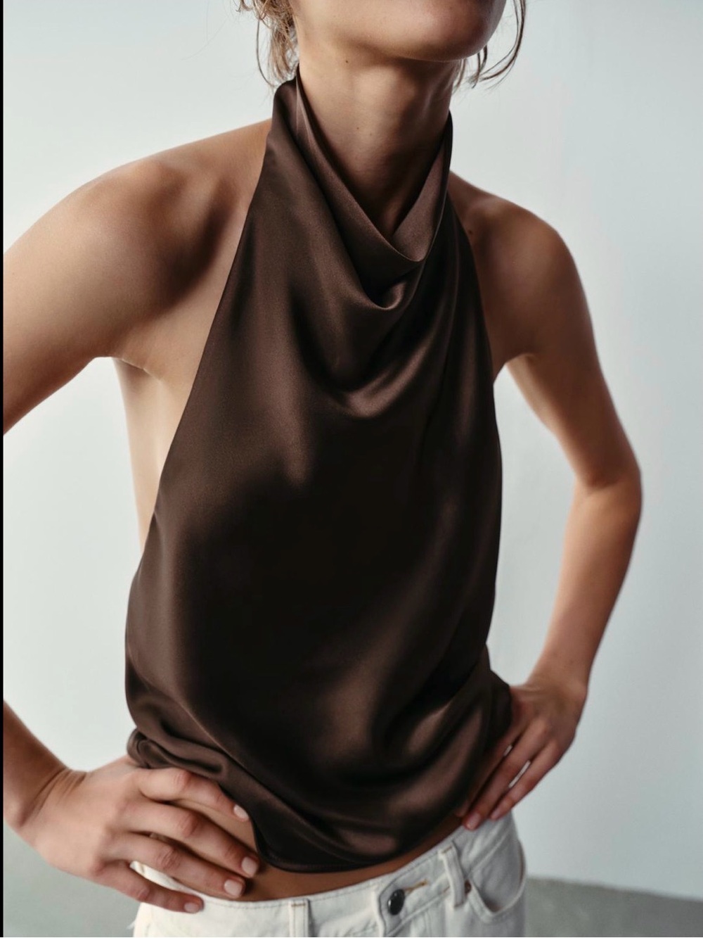 NEW Zara Chocolate Brown Satin Halter Top - Picture 2 of 6